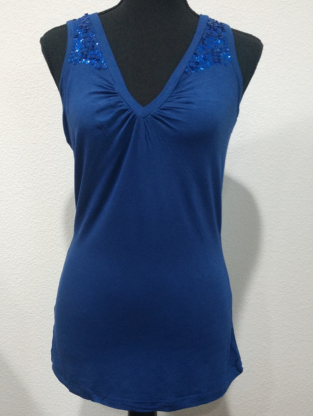 Newport News Sequin Shoulder V-Neck Tank - Royal Blue